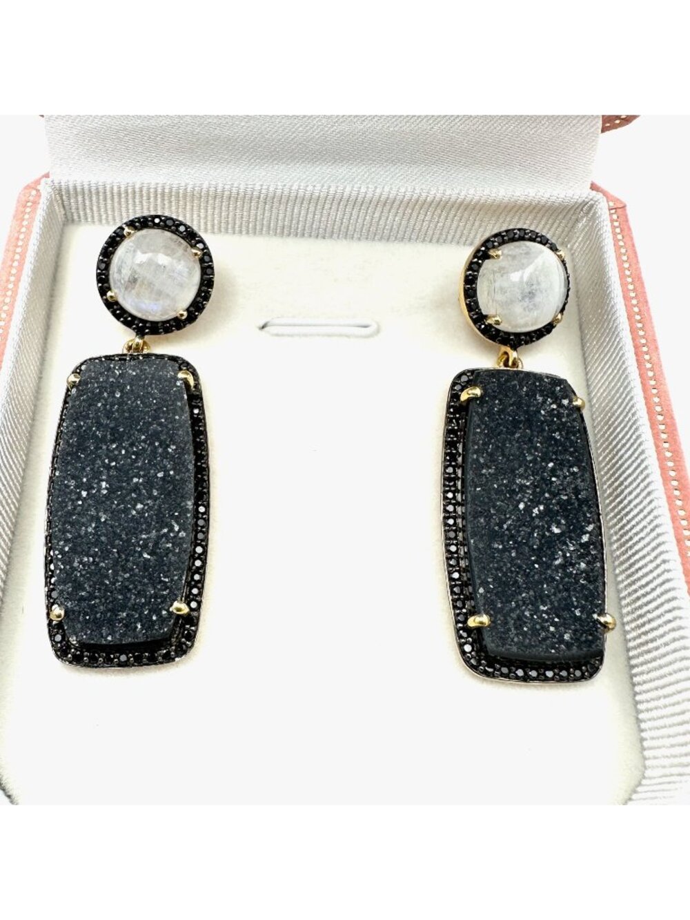 Rarities by Carol Brodie Moonstone Druzy Quartz Black Spinel Earrings Pierced